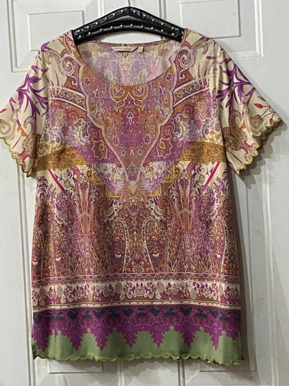 Soft Surroundings Sz XL Blouse Tunic Short Sleeve Multi Paisley Scalloped Hem